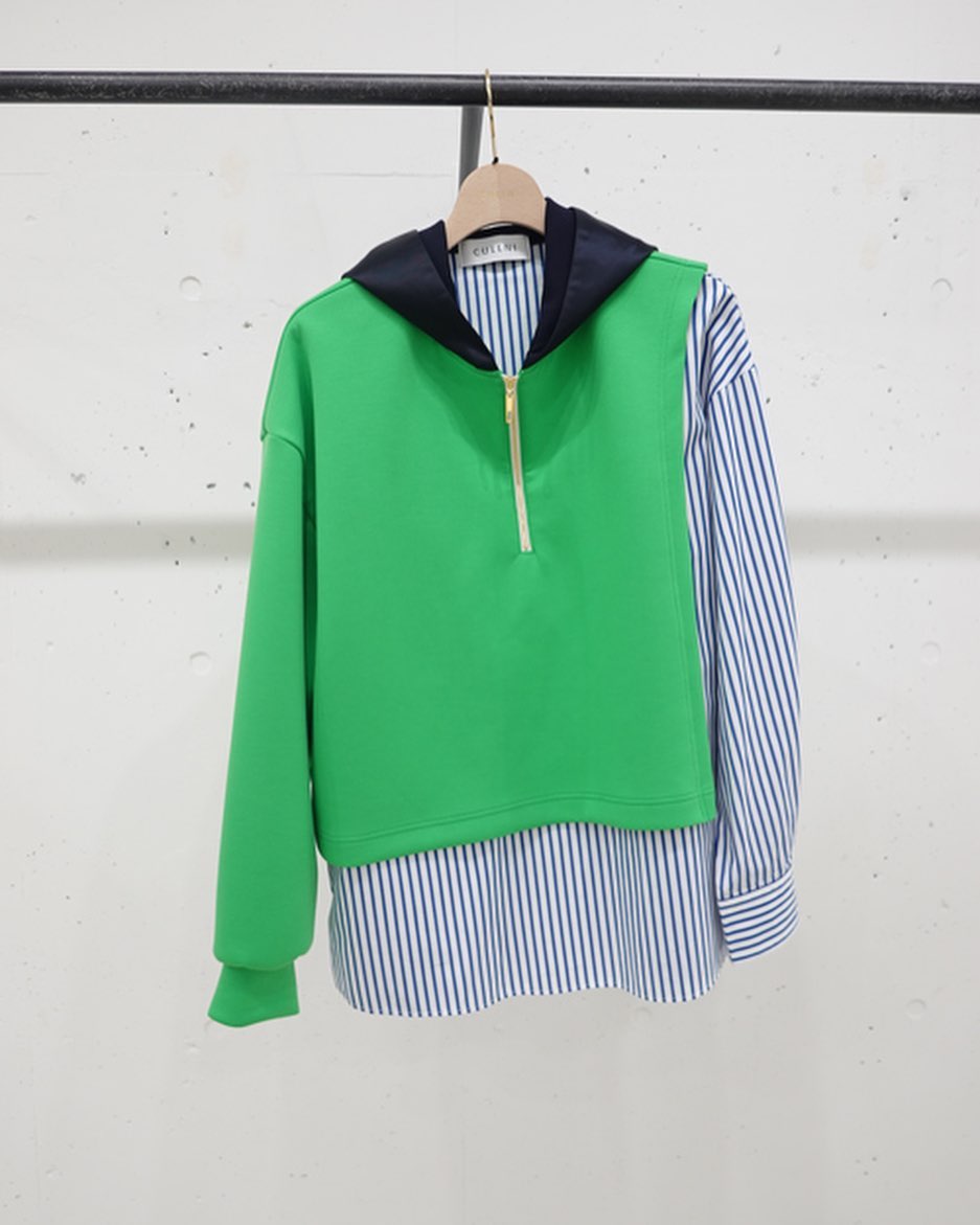 CULLNI クルニ High Count Cotton Shirt Docking Hoodie GREEN x BLUE ST 23-SS-035